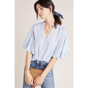 Anthropologie Maeve Aveiro Flutter Sleeve Button Down Blouse Medium Blue